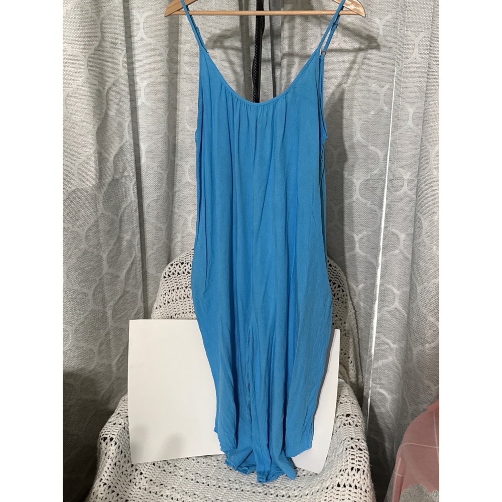 Shinestar Blue Wide Leg Harem Jumpsuit Womens Medium Rayon Strappy Pockets